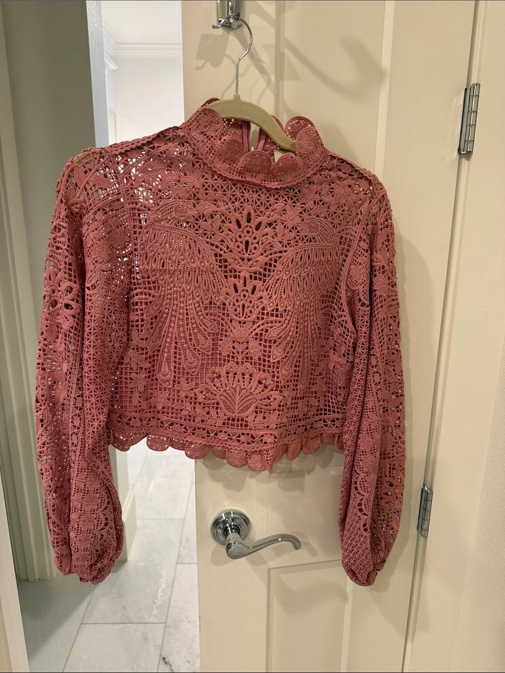 FARM Rio Dusty Rose Crochet Lace High-Neck Long Sleeve Top